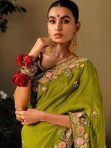 Superb Green Sequins Silk Mehendi Wear Saree With Blouse