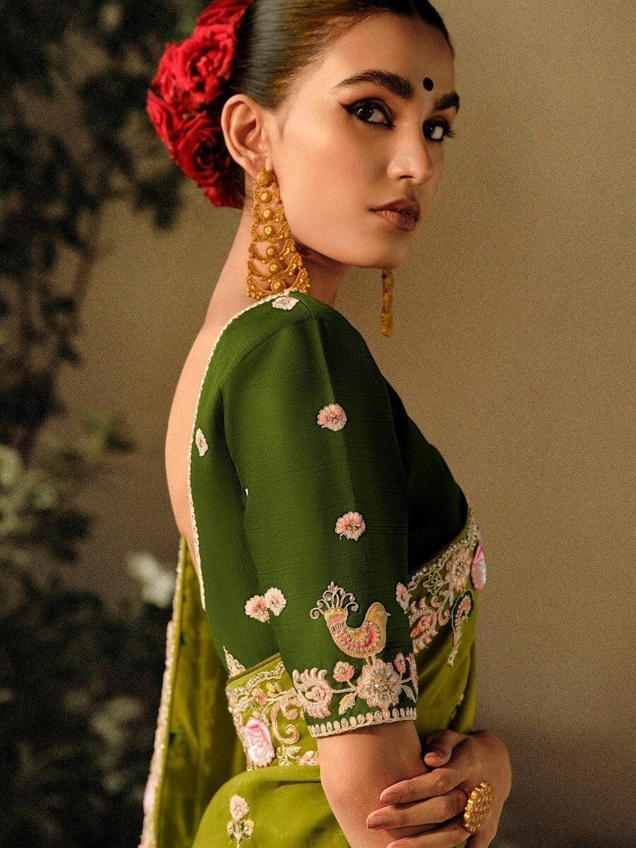 Superb Green Sequins Silk Mehendi Wear Saree With Blouse
