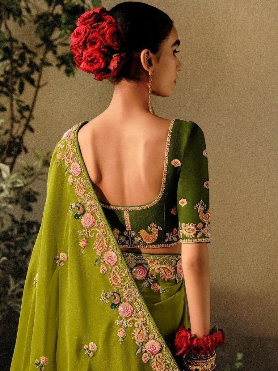 Superb Green Sequins Silk Mehendi Wear Saree With Blouse