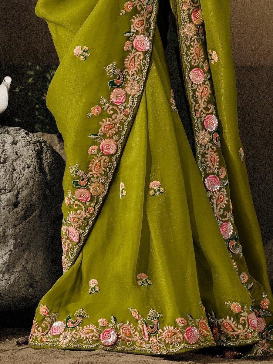 Superb Green Sequins Silk Mehendi Wear Saree With Blouse