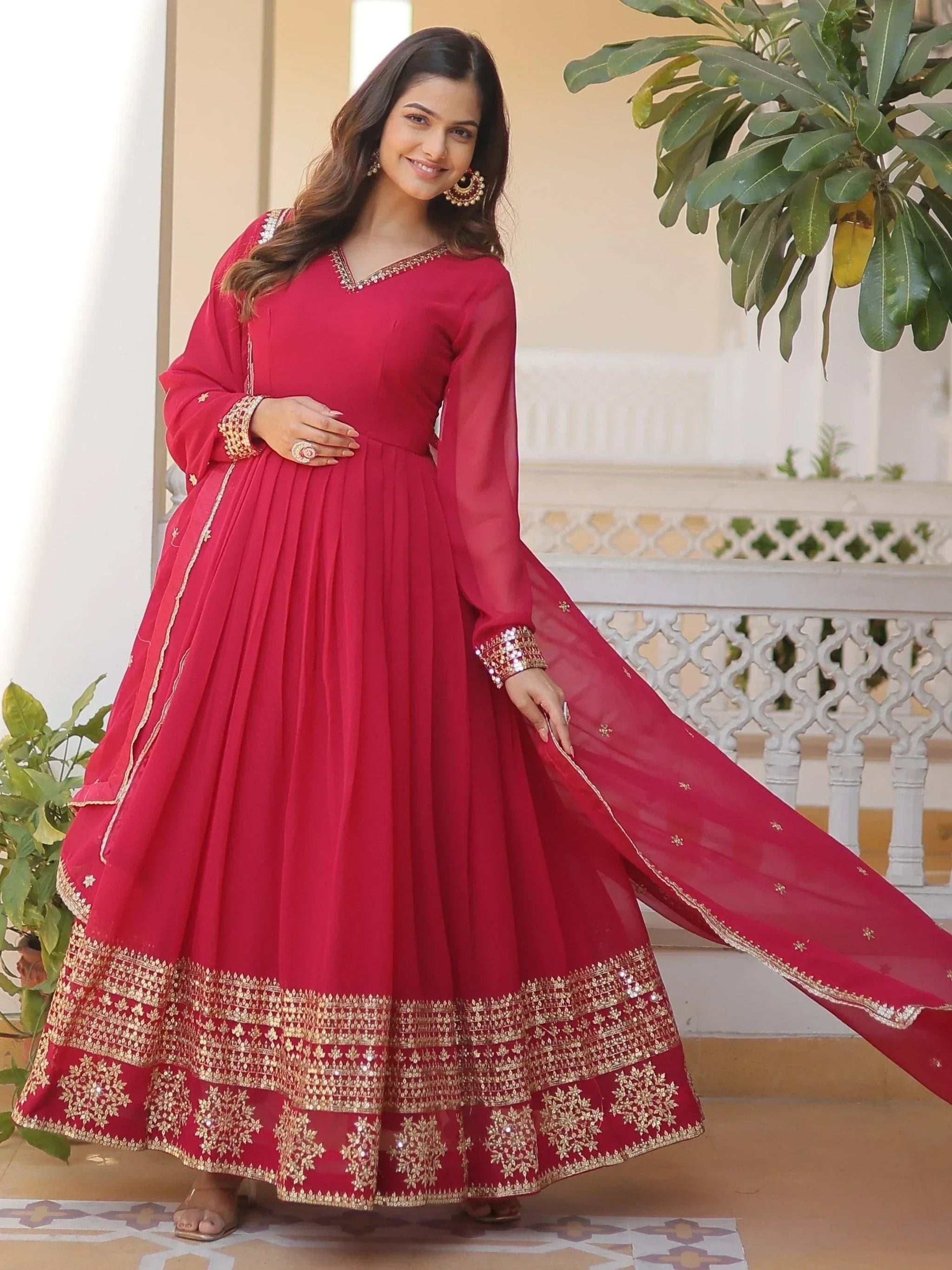 Superb Pink Sequins Georgette Wedding Wear Anarkali Gown With Dupatta