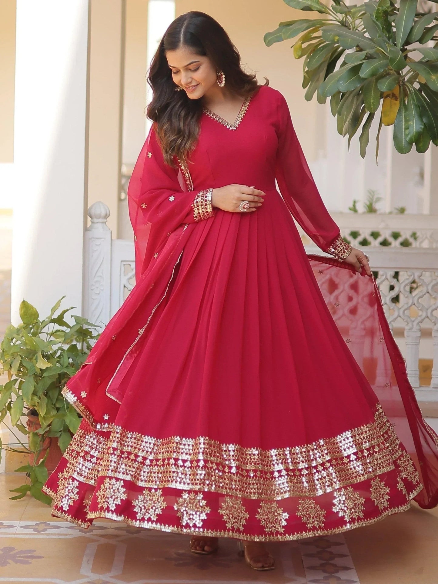 Superb Pink Sequins Georgette Wedding Wear Anarkali Gown With Dupatta