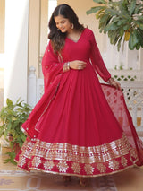 Superb Pink Sequins Georgette Wedding Wear Anarkali Gown With Dupatta