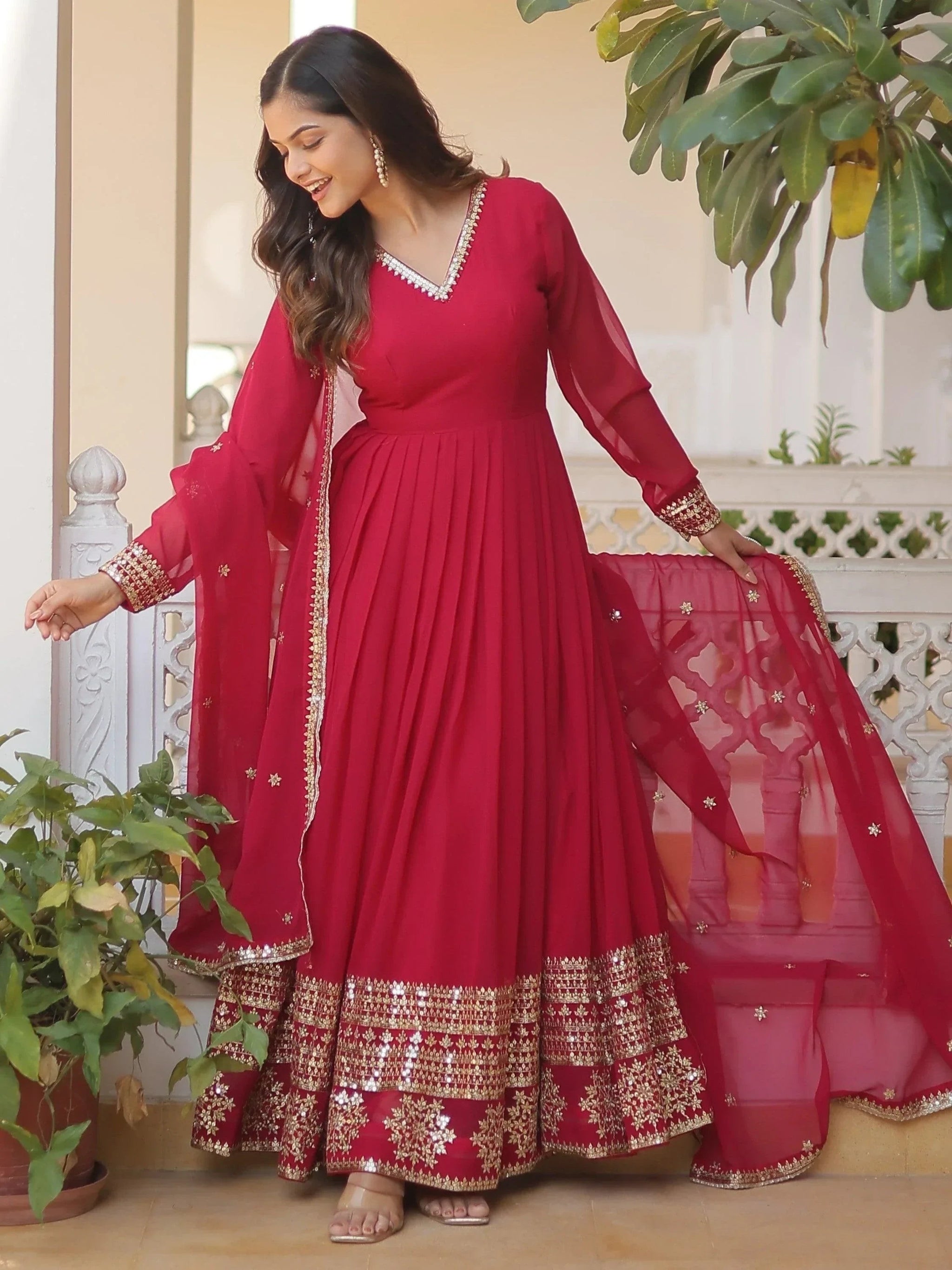 Superb Pink Sequins Georgette Wedding Wear Anarkali Gown With Dupatta