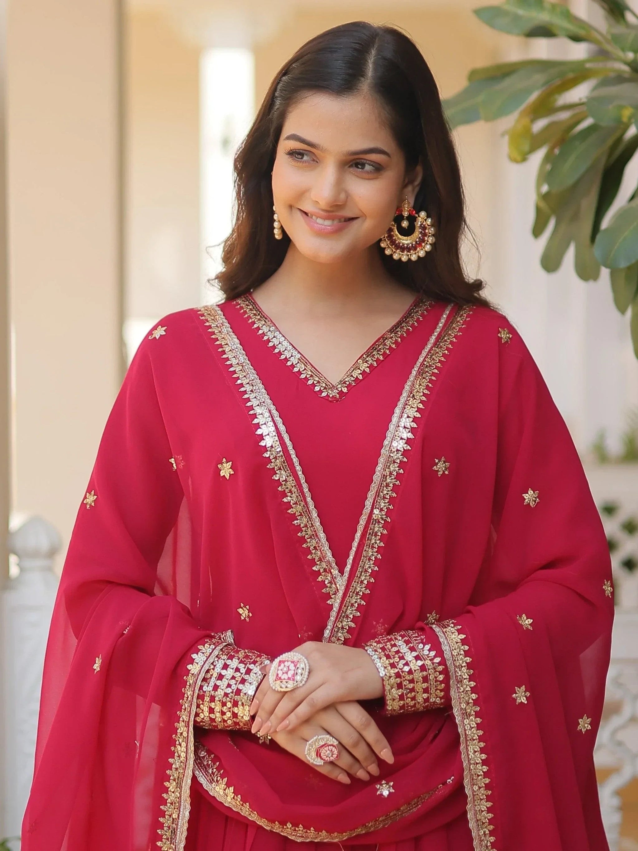 Superb Pink Sequins Georgette Wedding Wear Anarkali Gown With Dupatta