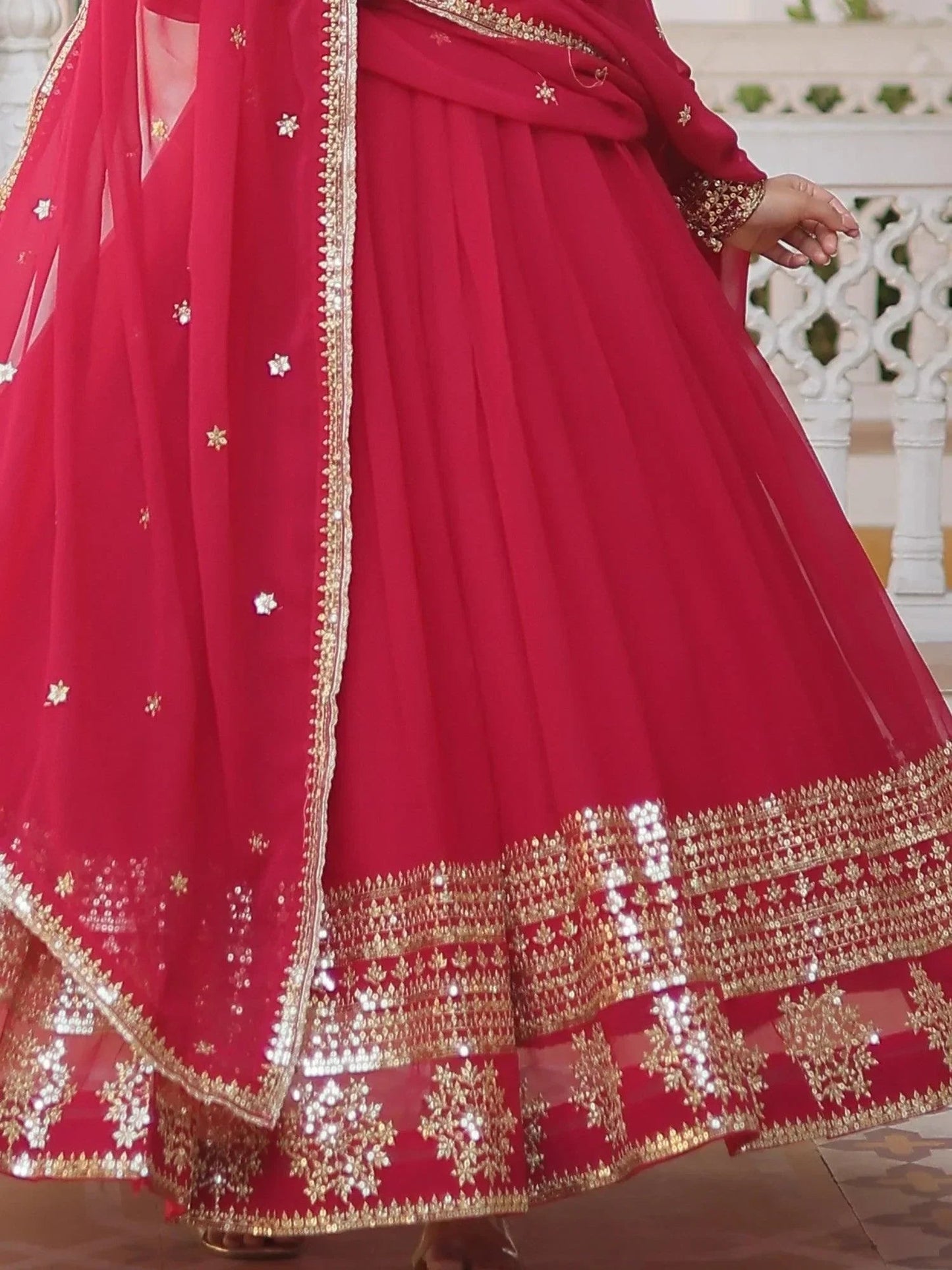 Superb Pink Sequins Georgette Wedding Wear Anarkali Gown With Dupatta