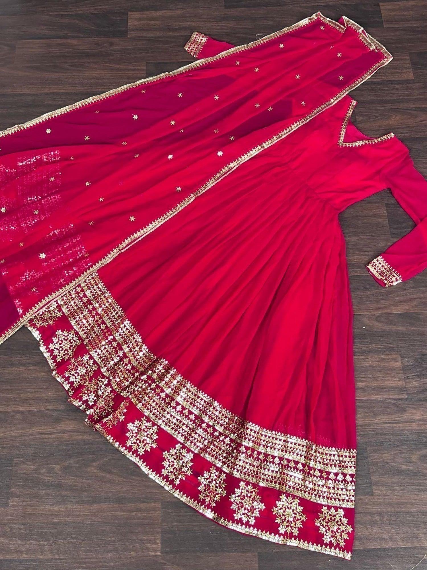 Superb Pink Sequins Georgette Wedding Wear Anarkali Gown With Dupatta