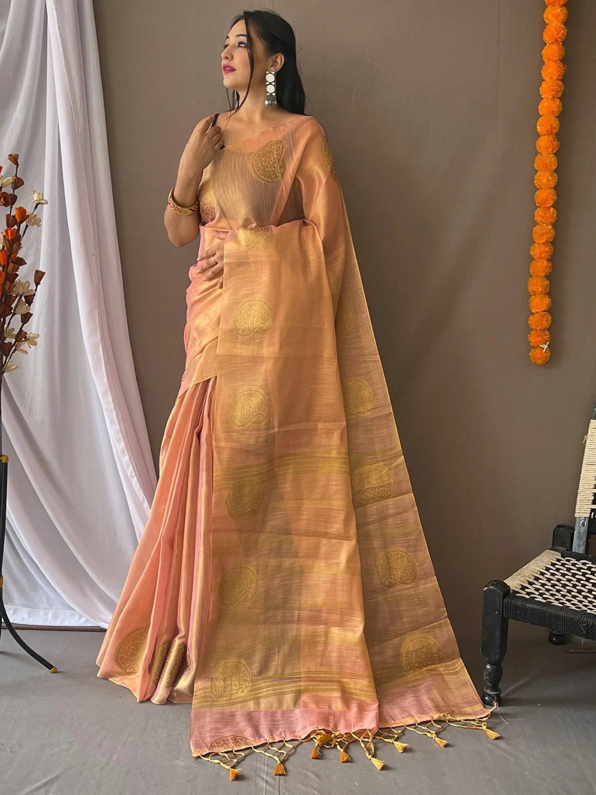 Superb Pink Zari Weaving Tissue Silk Sangeet Wear Saree With Blouse