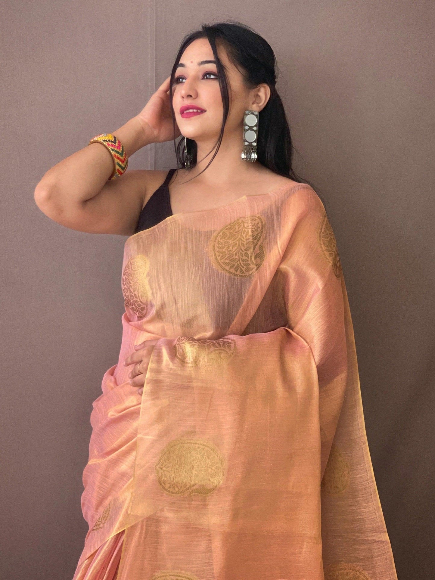 Superb Pink Zari Weaving Tissue Silk Sangeet Wear Saree With Blouse