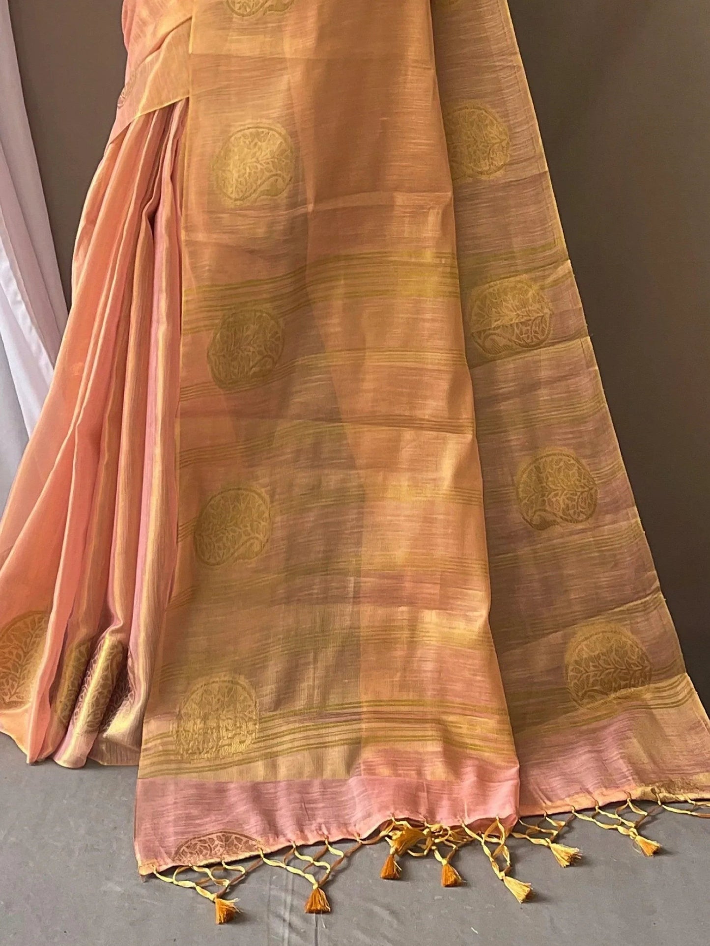 Superb Pink Zari Weaving Tissue Silk Sangeet Wear Saree With Blouse