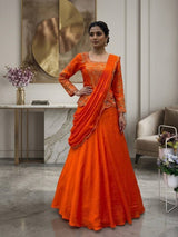 Orange Chinon Lehenga Saree with Real Mirror Work and Embroidery Long
