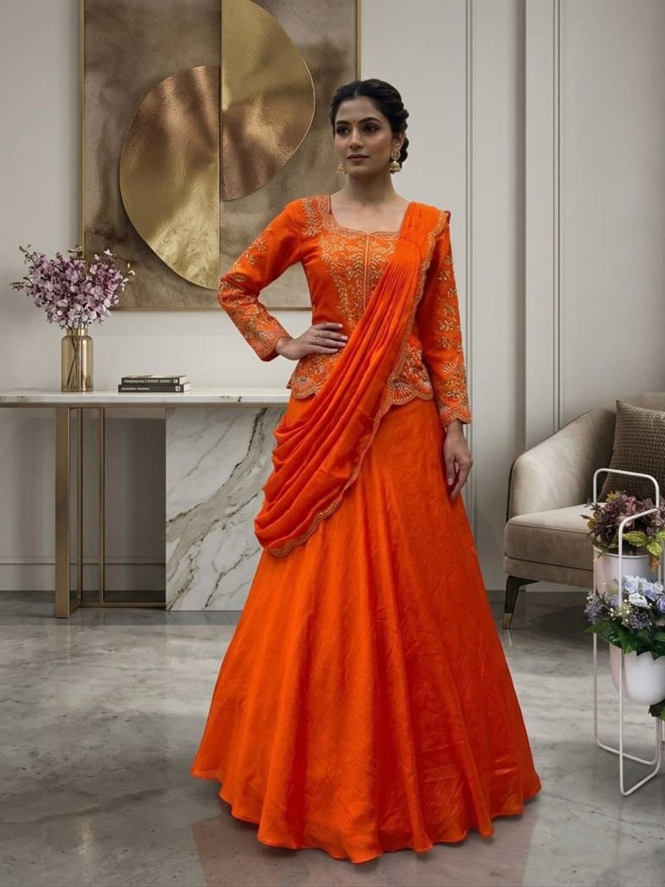 Orange Chinon Lehenga Saree with Real Mirror Work and Embroidery Long