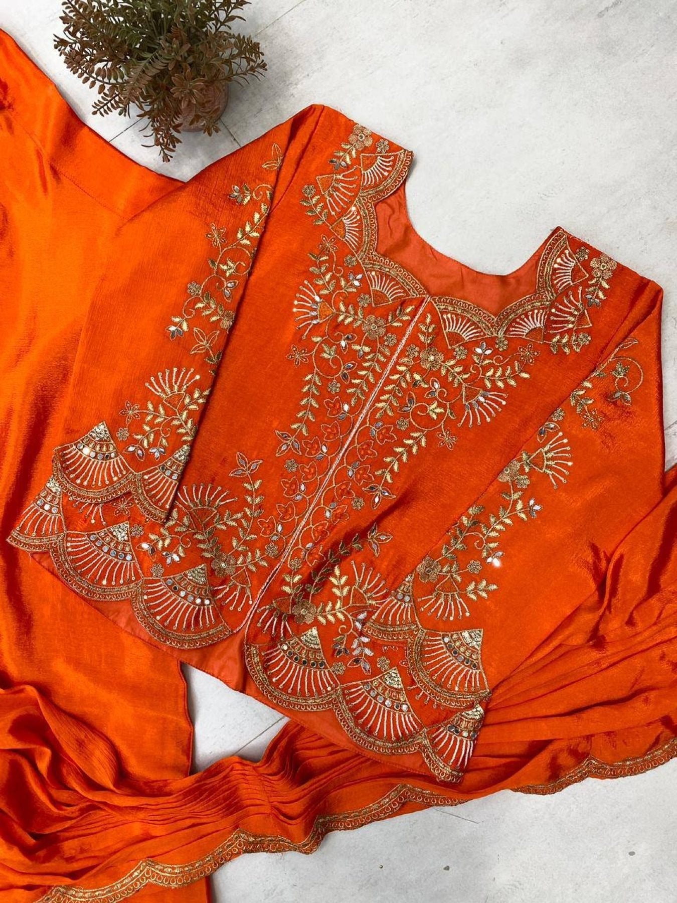 Orange Chinon Lehenga Saree with Real Mirror Work and Embroidery Long