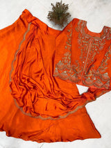 Orange Chinon Lehenga Saree with Real Mirror Work and Embroidery Long