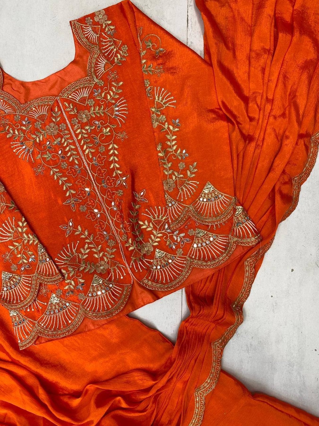 Orange Chinon Lehenga Saree with Real Mirror Work and Embroidery Long