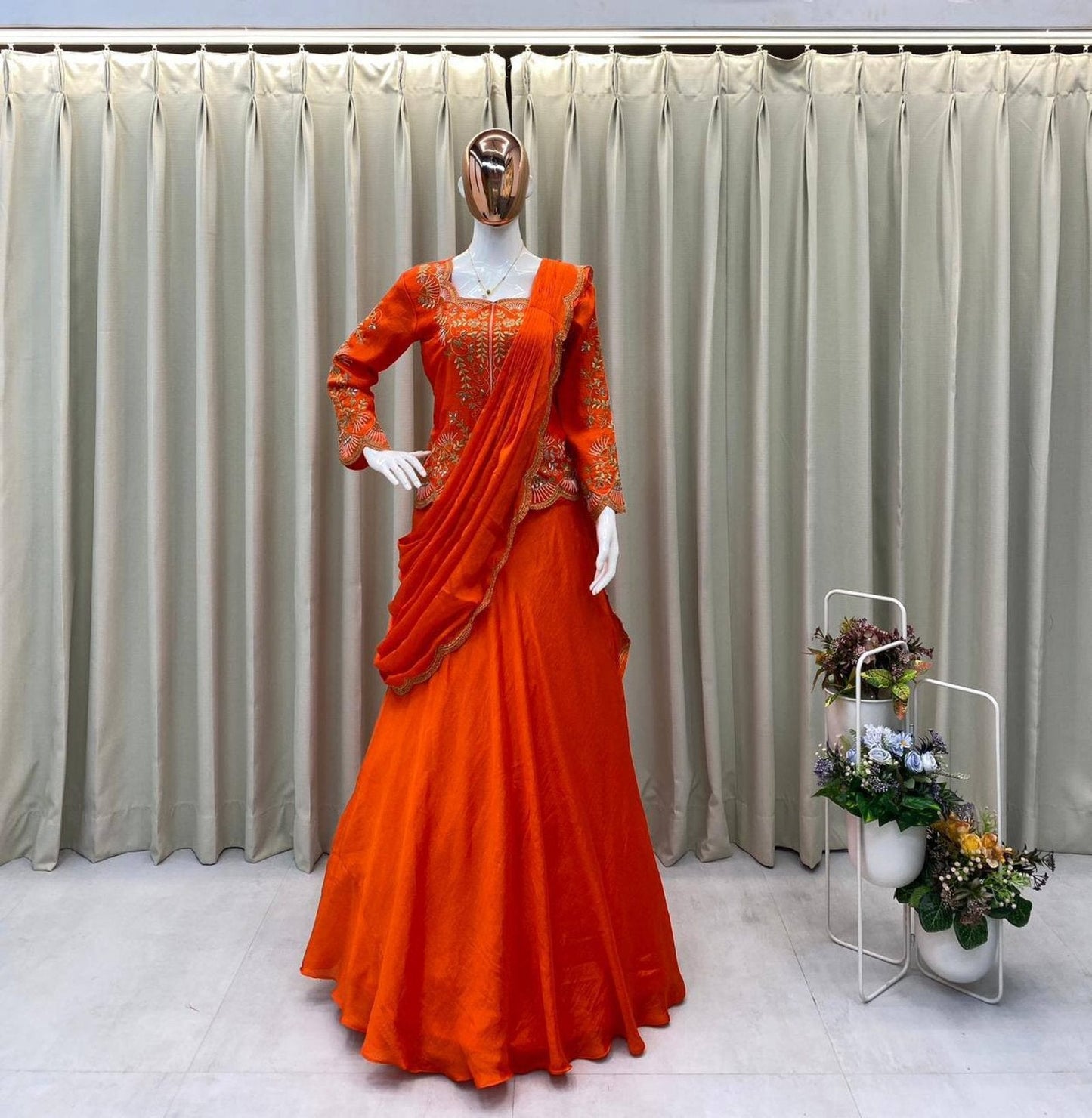 Orange Chinon Lehenga Saree with Real Mirror Work and Embroidery Long