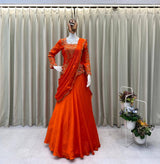 Orange Chinon Lehenga Saree with Real Mirror Work and Embroidery Long