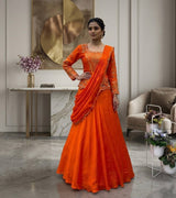 Orange Chinon Lehenga Saree with Real Mirror Work and Embroidery Long