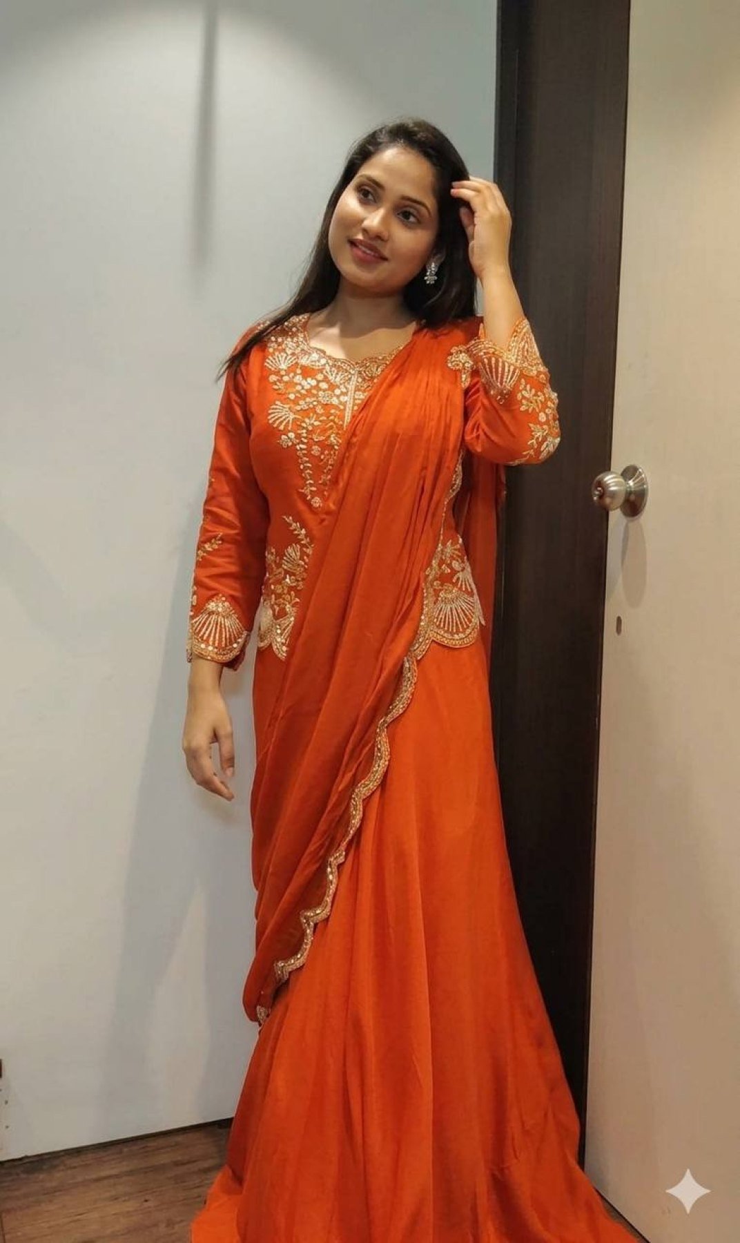 Orange Chinon Lehenga Saree with Real Mirror Work and Embroidery Long