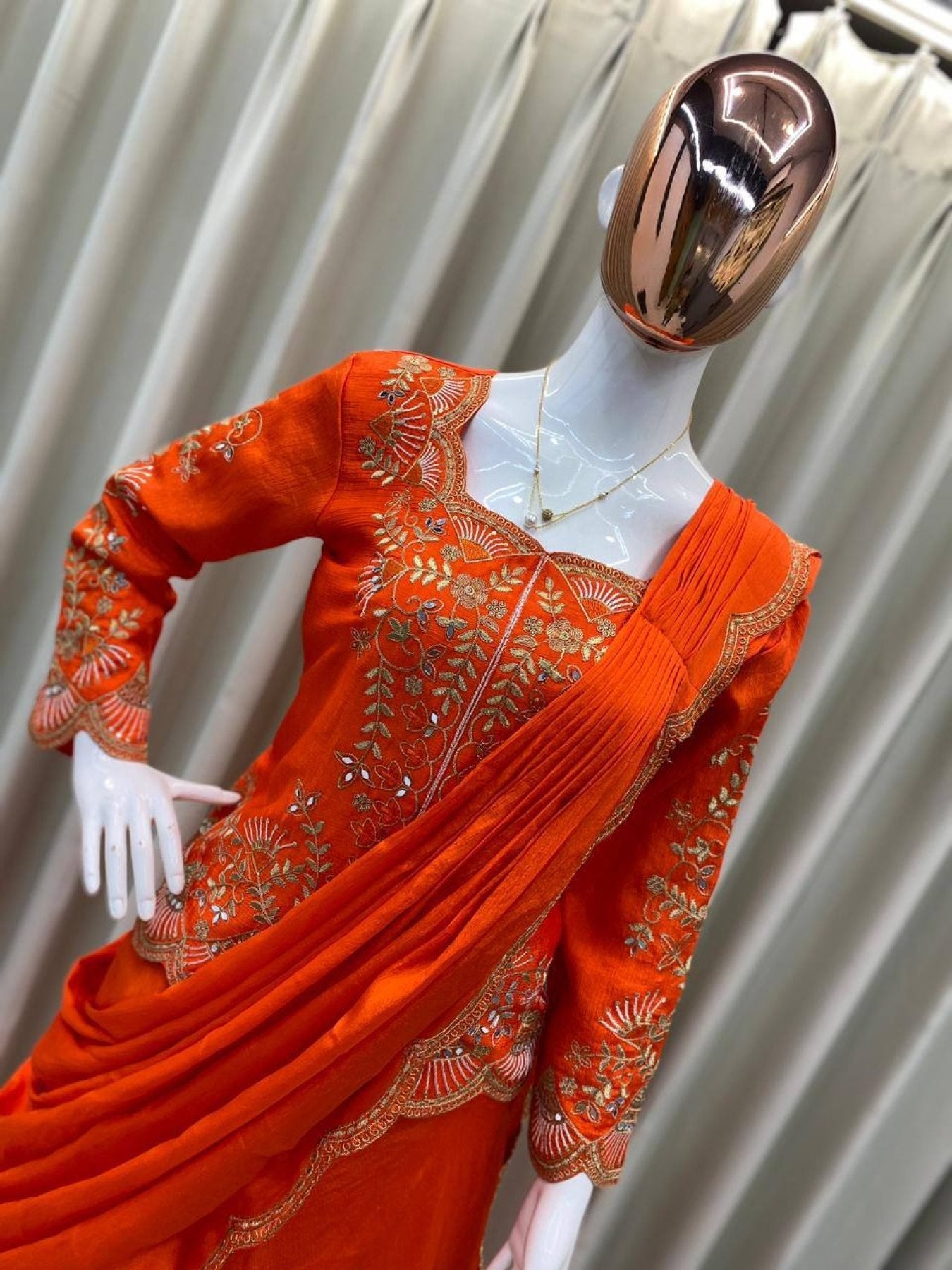 Orange Chinon Lehenga Saree with Real Mirror Work and Embroidery Long