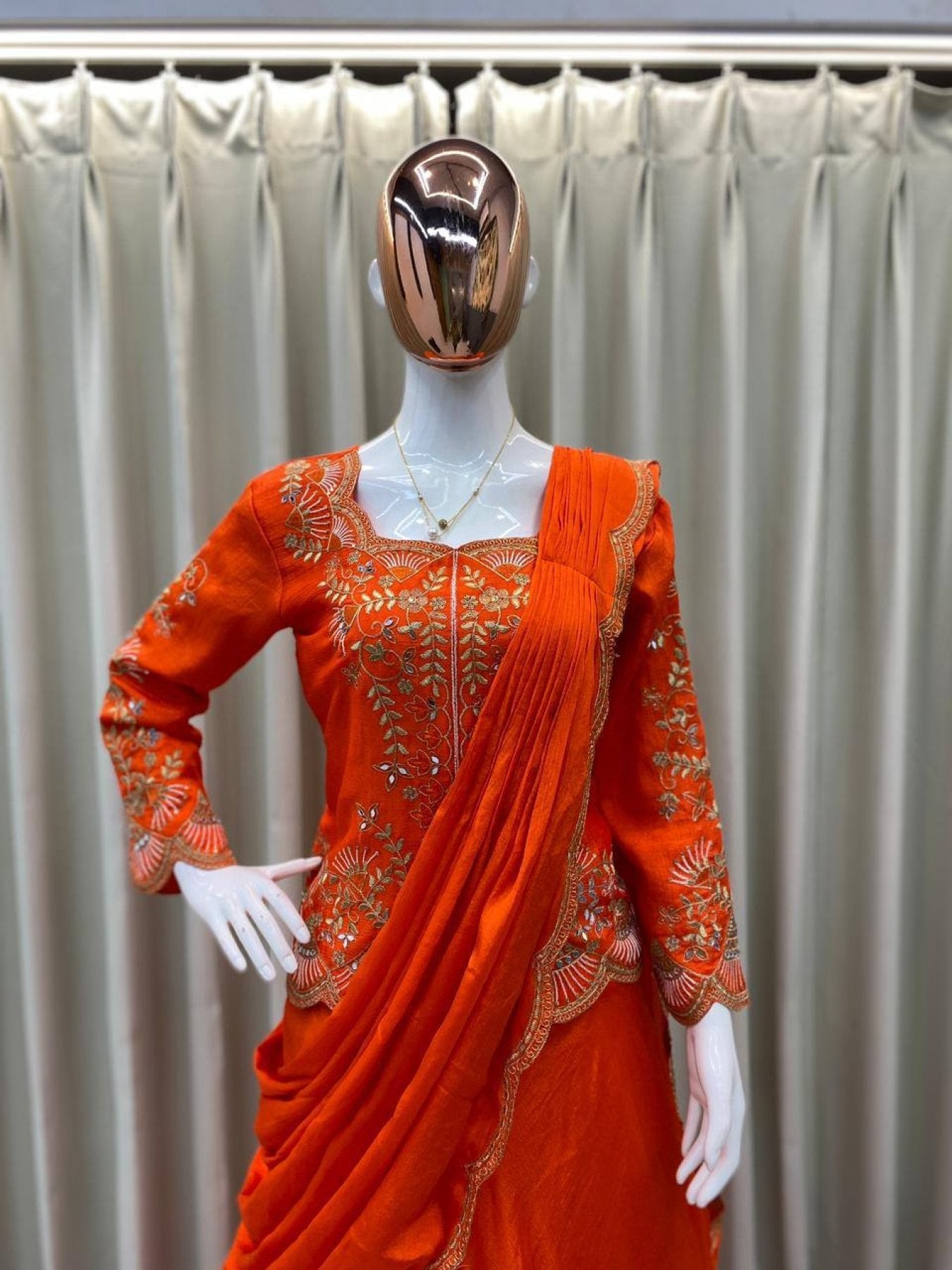 Orange Chinon Lehenga Saree with Real Mirror Work and Embroidery Long