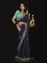 Surprising Navy Blue Embroidered Silk Reception Wear Saree