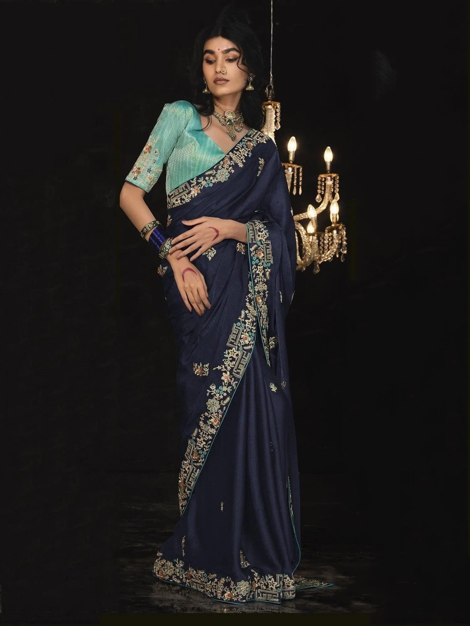 Surprising Navy Blue Embroidered Silk Reception Wear Saree