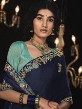 Surprising Navy Blue Embroidered Silk Reception Wear Saree