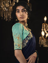 Surprising Navy Blue Embroidered Silk Reception Wear Saree