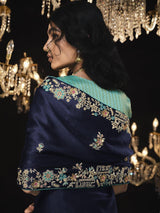 Surprising Navy Blue Embroidered Silk Reception Wear Saree