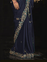 Surprising Navy Blue Embroidered Silk Reception Wear Saree