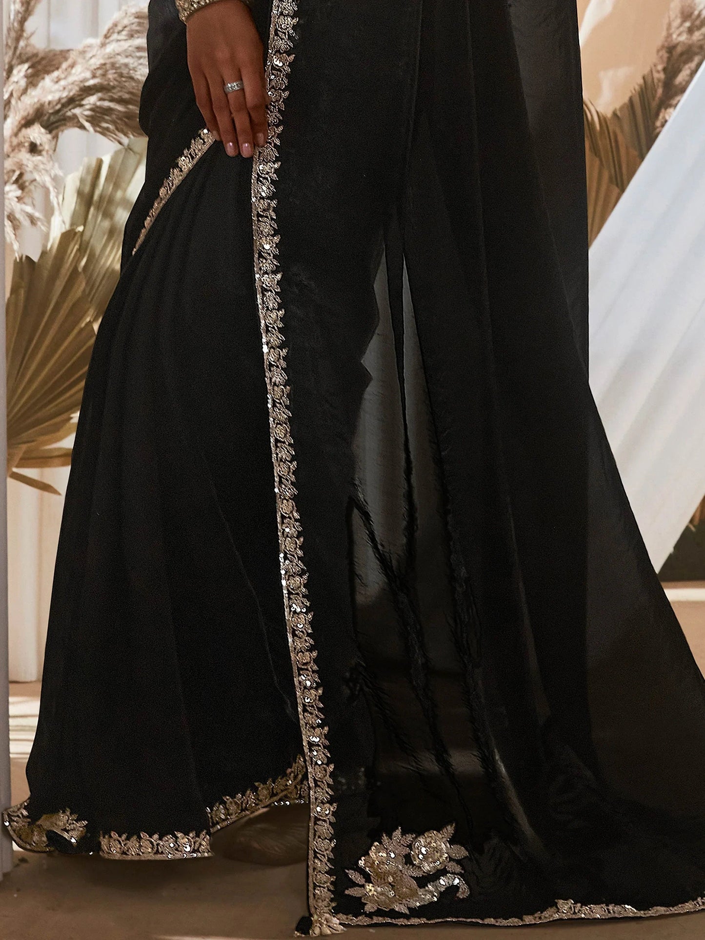 Sweet Black Border Work Organza Event Wear Saree With Blouse