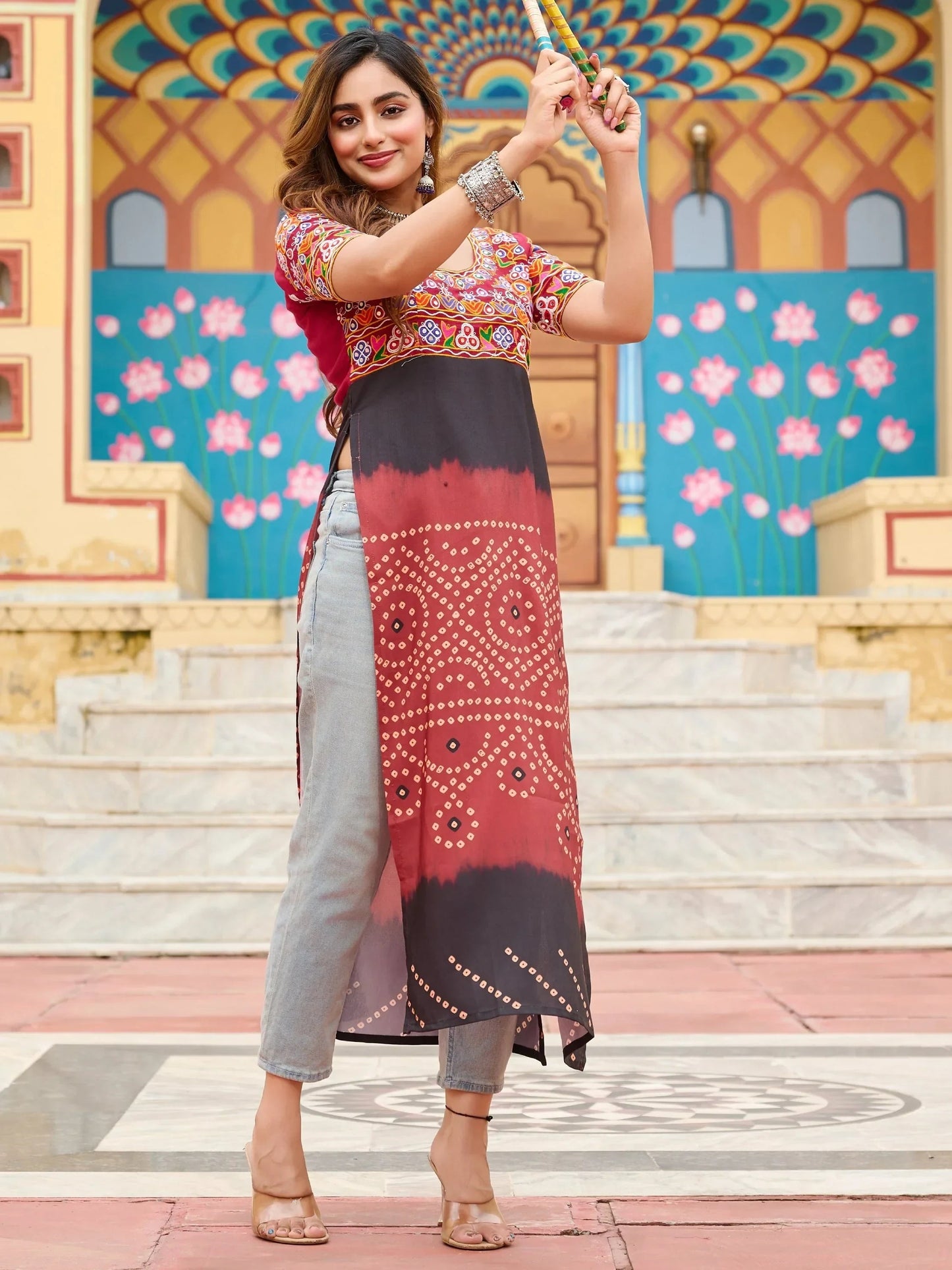 Sweet Maroon Kutchi Gamthi Work Georgette Navratri Special Long Kurti