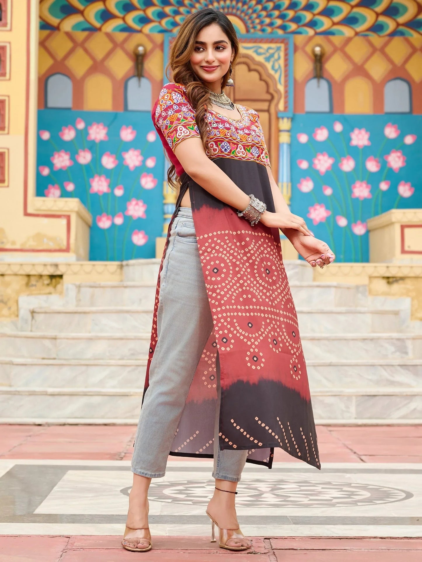 Sweet Maroon Kutchi Gamthi Work Georgette Navratri Special Long Kurti