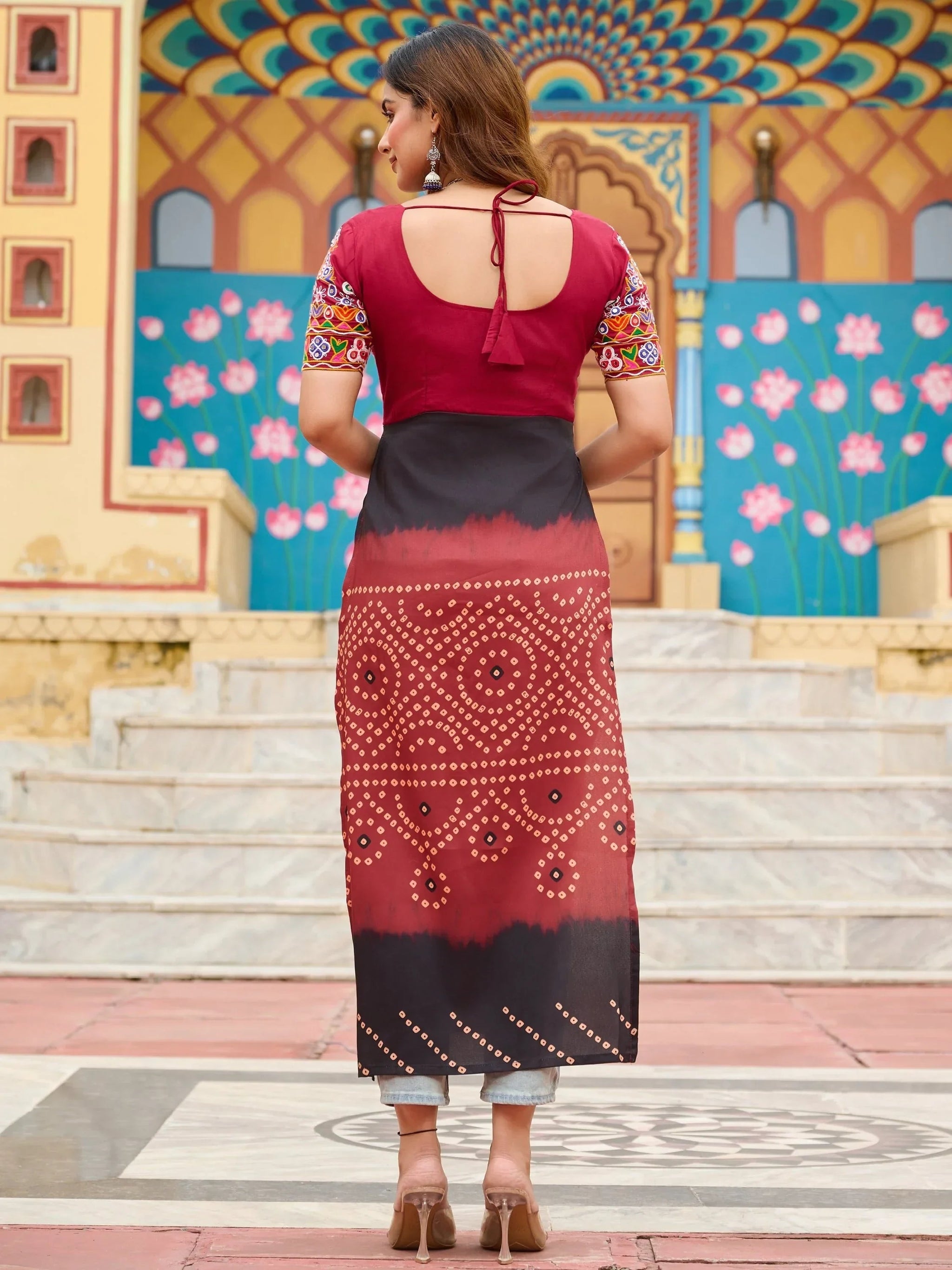 Sweet Maroon Kutchi Gamthi Work Georgette Navratri Special Long Kurti