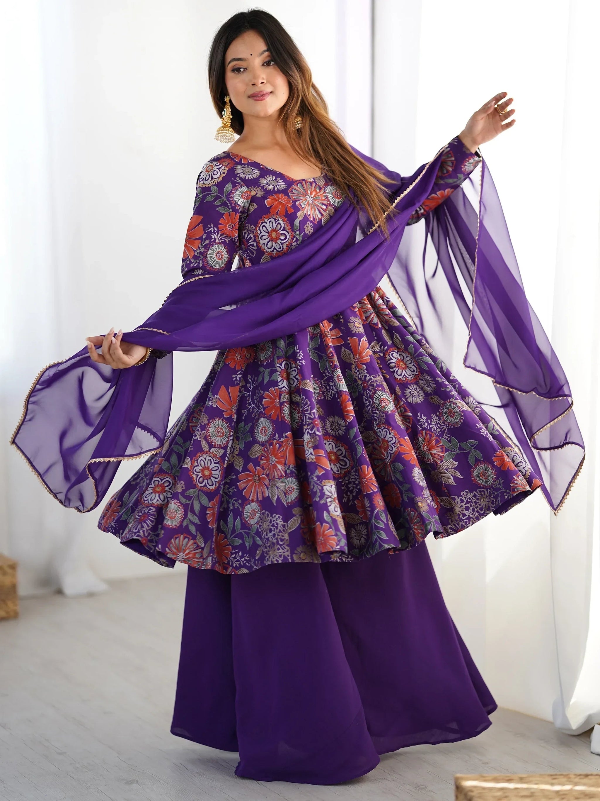 Sweet Purple Floral Printed Silk Festival Wear Palazzo Suit With Dupatta