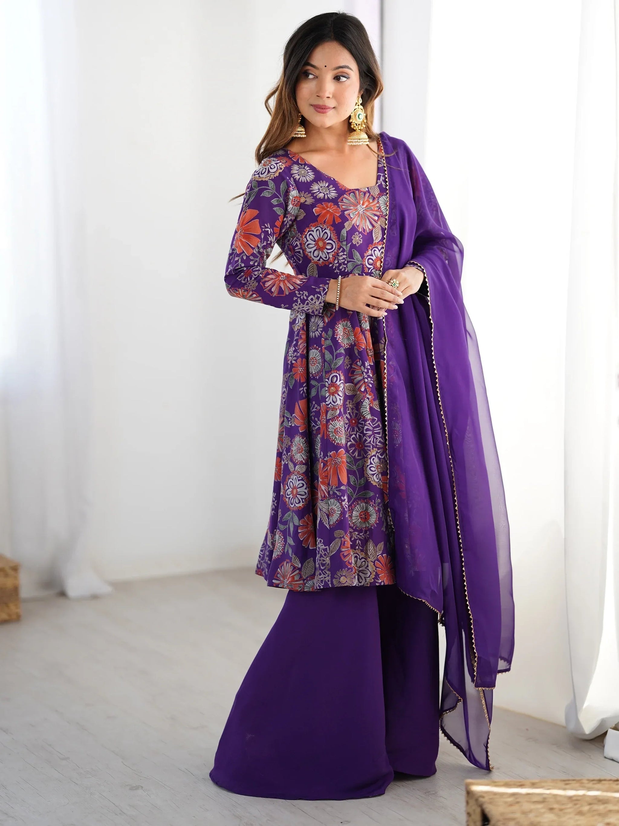 Sweet Purple Floral Printed Silk Festival Wear Palazzo Suit With Dupatta