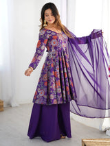 Sweet Purple Floral Printed Silk Festival Wear Palazzo Suit With Dupatta