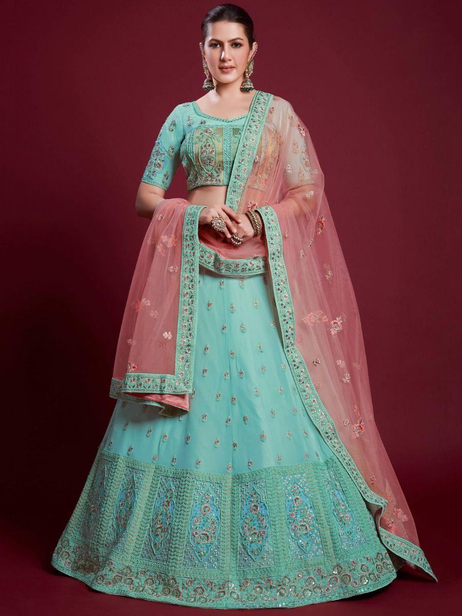 Sweet Turquoise Sequins Georgette Reception Wear Lehenga Choli