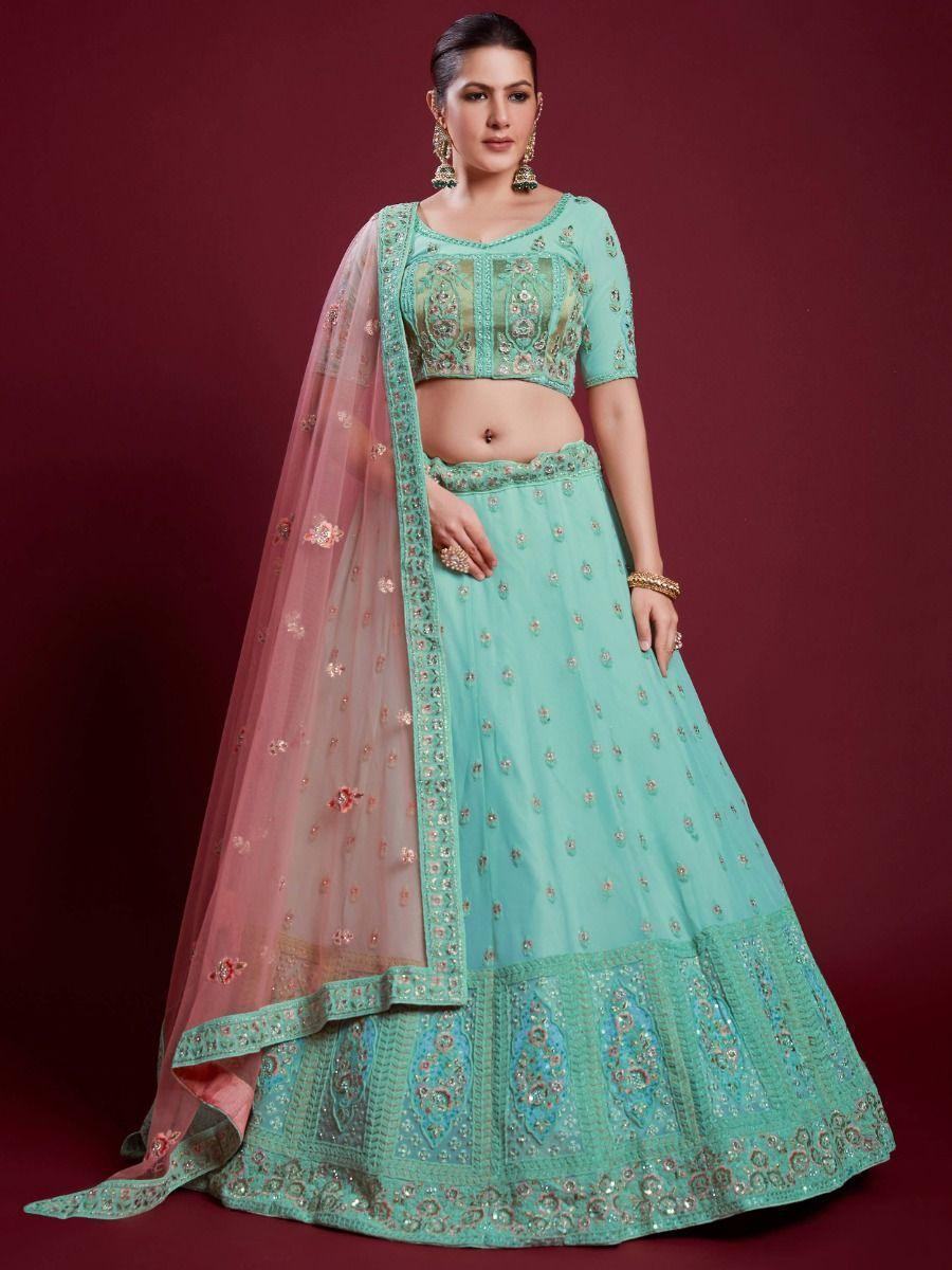 Sweet Turquoise Sequins Georgette Reception Wear Lehenga Choli