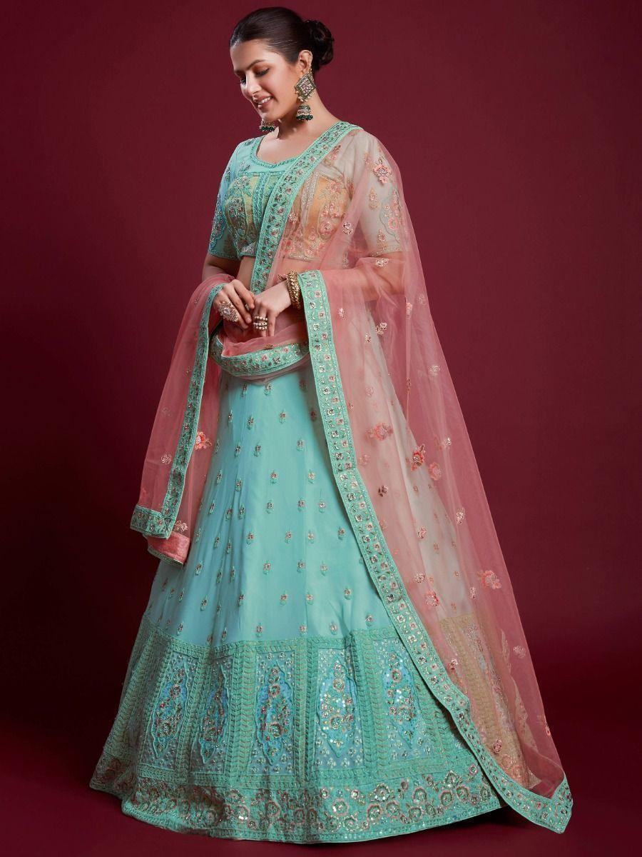 Sweet Turquoise Sequins Georgette Reception Wear Lehenga Choli