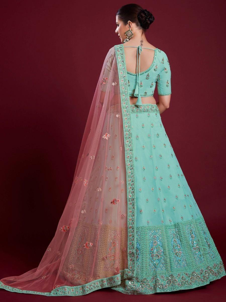 Sweet Turquoise Sequins Georgette Reception Wear Lehenga Choli