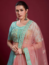 Sweet Turquoise Sequins Georgette Reception Wear Lehenga Choli