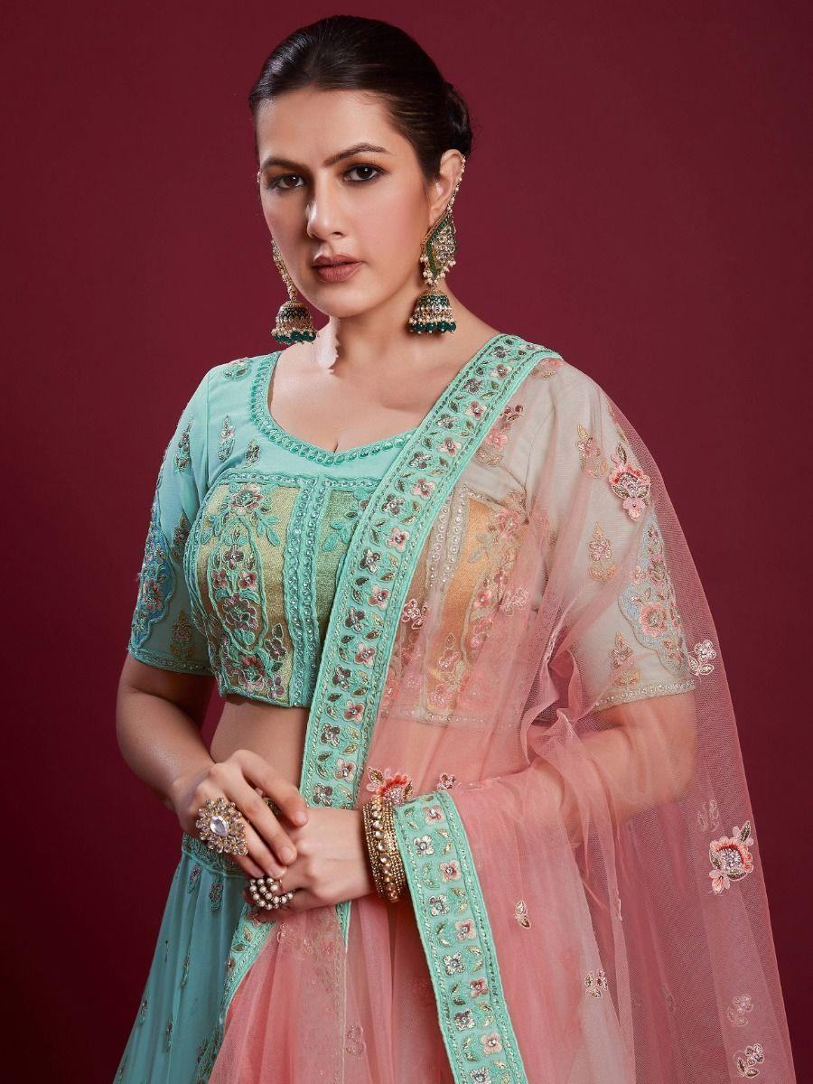 Sweet Turquoise Sequins Georgette Reception Wear Lehenga Choli