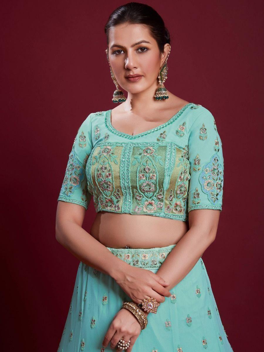 Sweet Turquoise Sequins Georgette Reception Wear Lehenga Choli