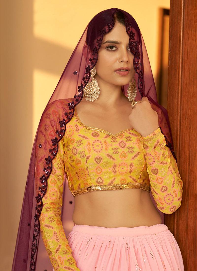 Sweetheart Neckline Mukaish Work Lehenga Choli With Full Sleeves Blouse