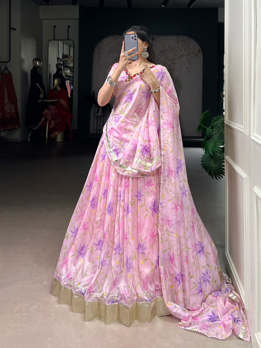 Baby pink tubby silk floral printed lehenga choli with mirror work embossed lace detailing