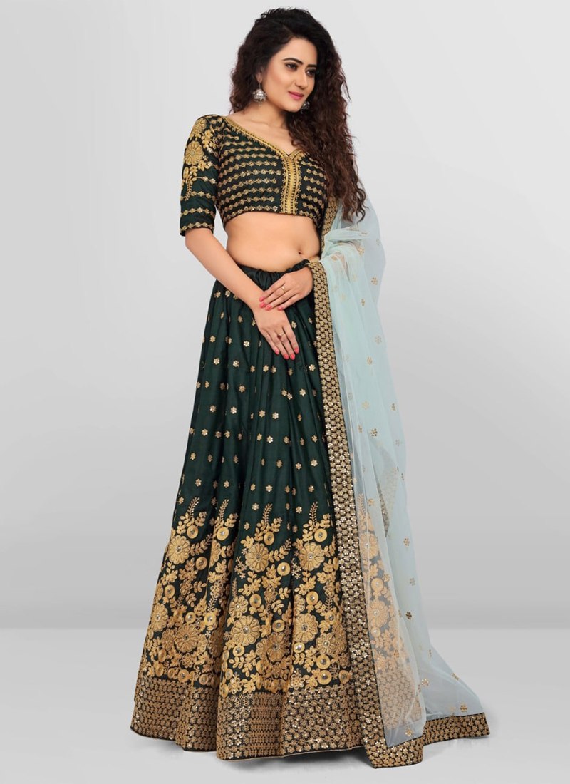 Tafeta Satin Green Lehenga Set with Embroidered Sequins