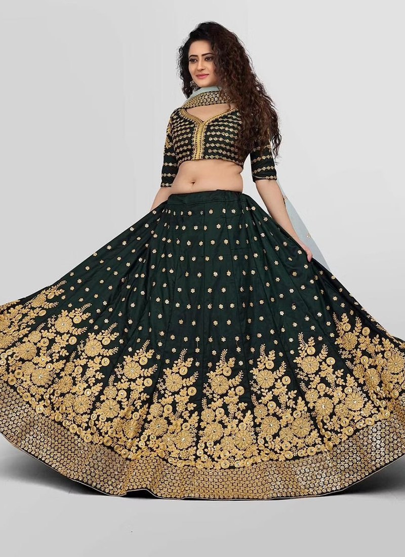 Tafeta Satin Green Lehenga Set with Embroidered Sequins