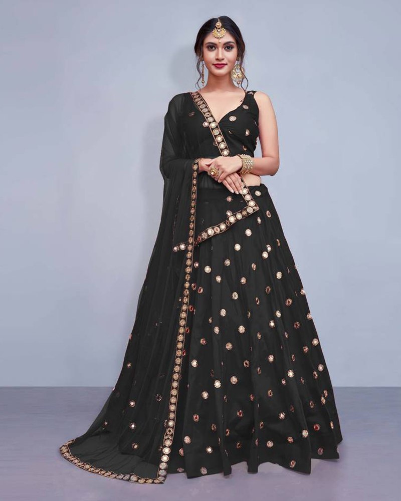 Tafeta Silk Black Lehenga Choli Dupatta Set with Real Mirror Work